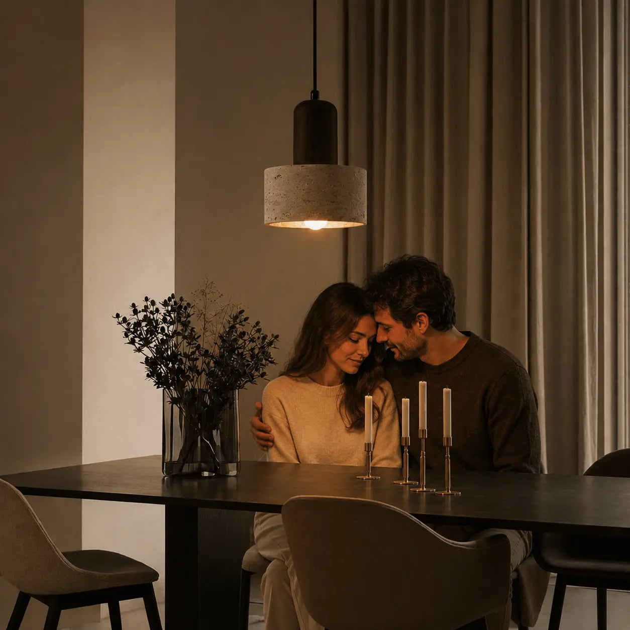 Eira stone pendant light adding warm ambient light to a relaxed dining moment