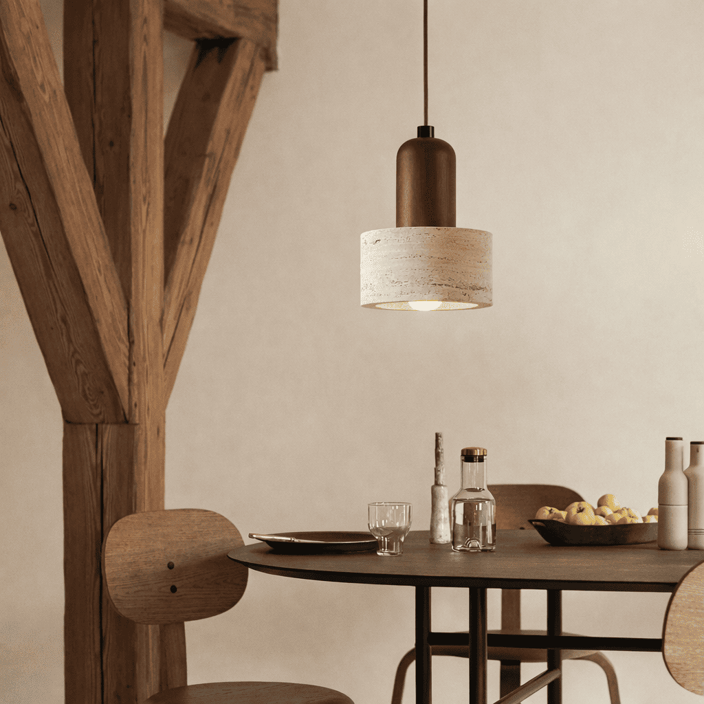 Eira stone pendant light adding a soft sculptural accent to a bright living and dining space