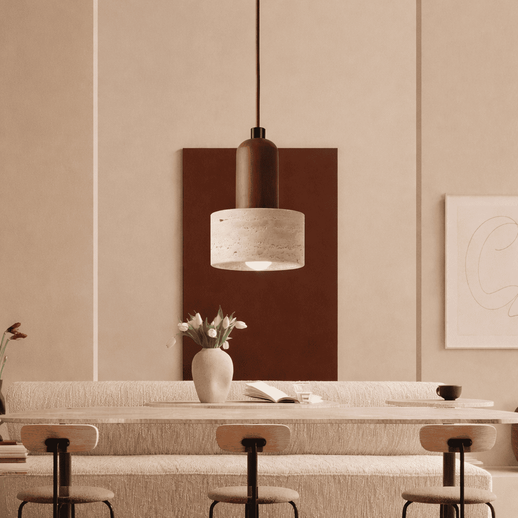 Eira stone pendant light suspended above a minimal neutral dining table