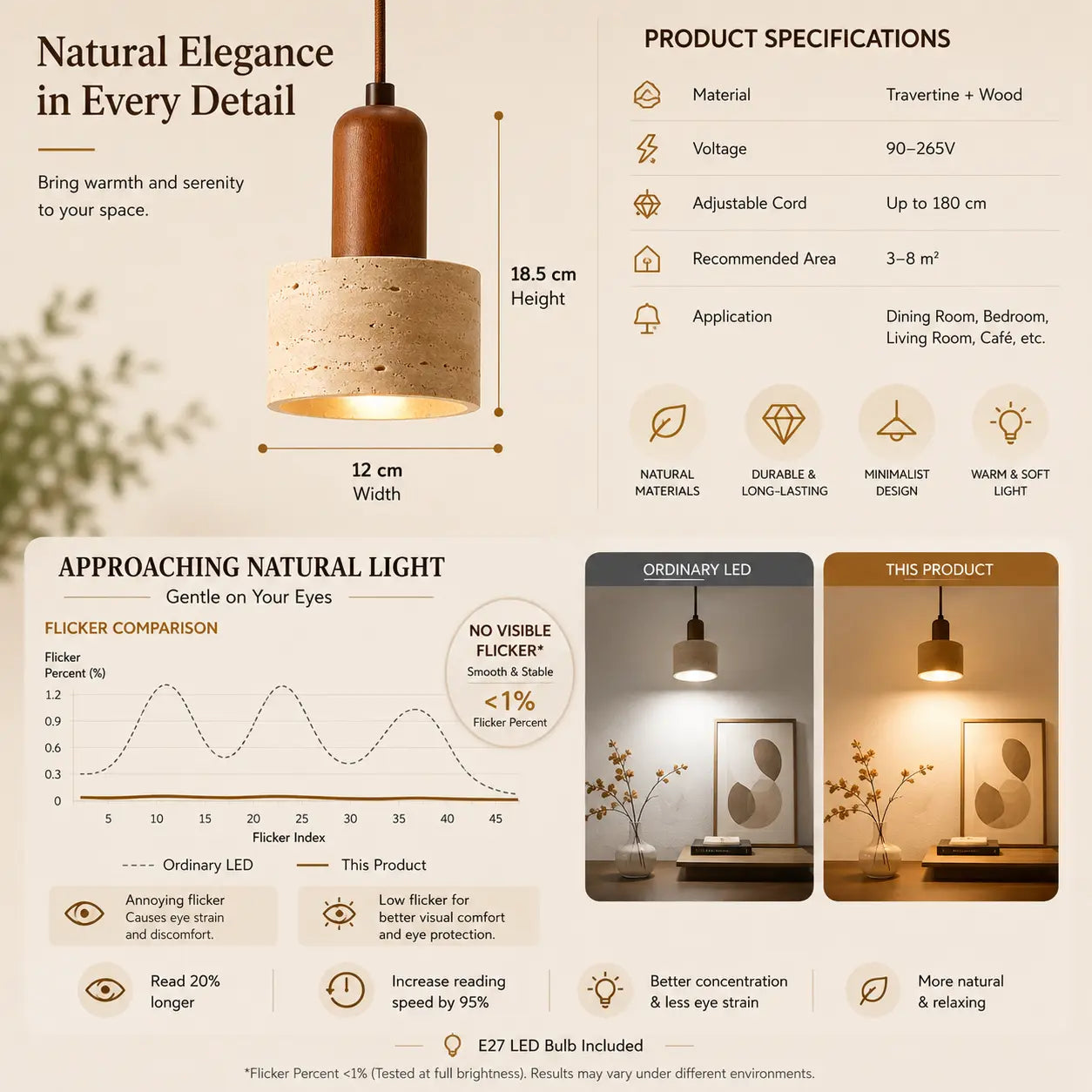 Eira stone pendant light technical specifications with dimensions and lighting details