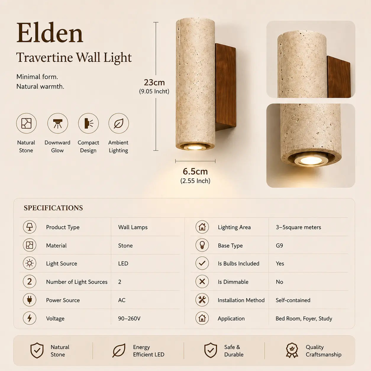 Elden travertine wall light option 1 with product dimensions and specifications