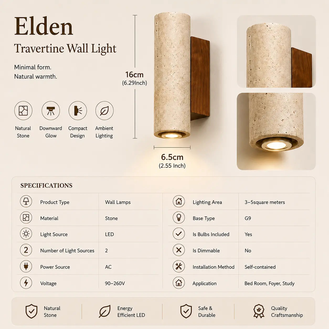 Elden travertine wall light option 2 with product dimensions and specifications
