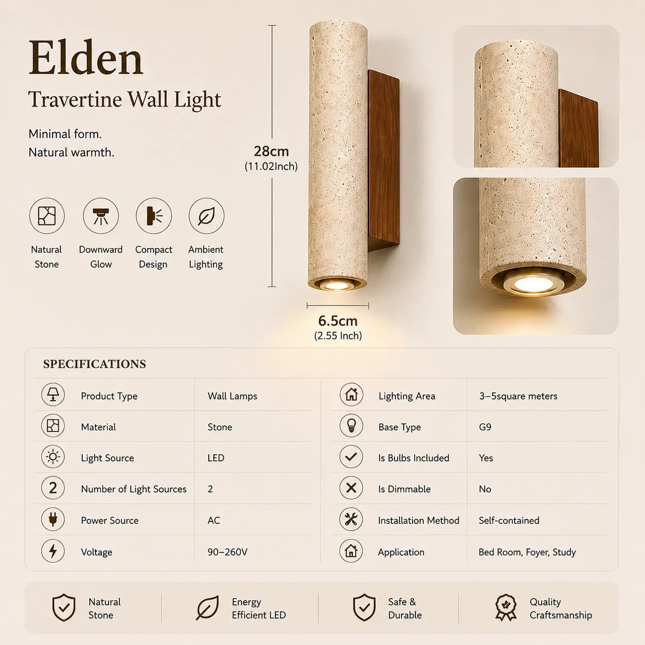 Elden travertine wall light option 3 with product dimensions and specifications