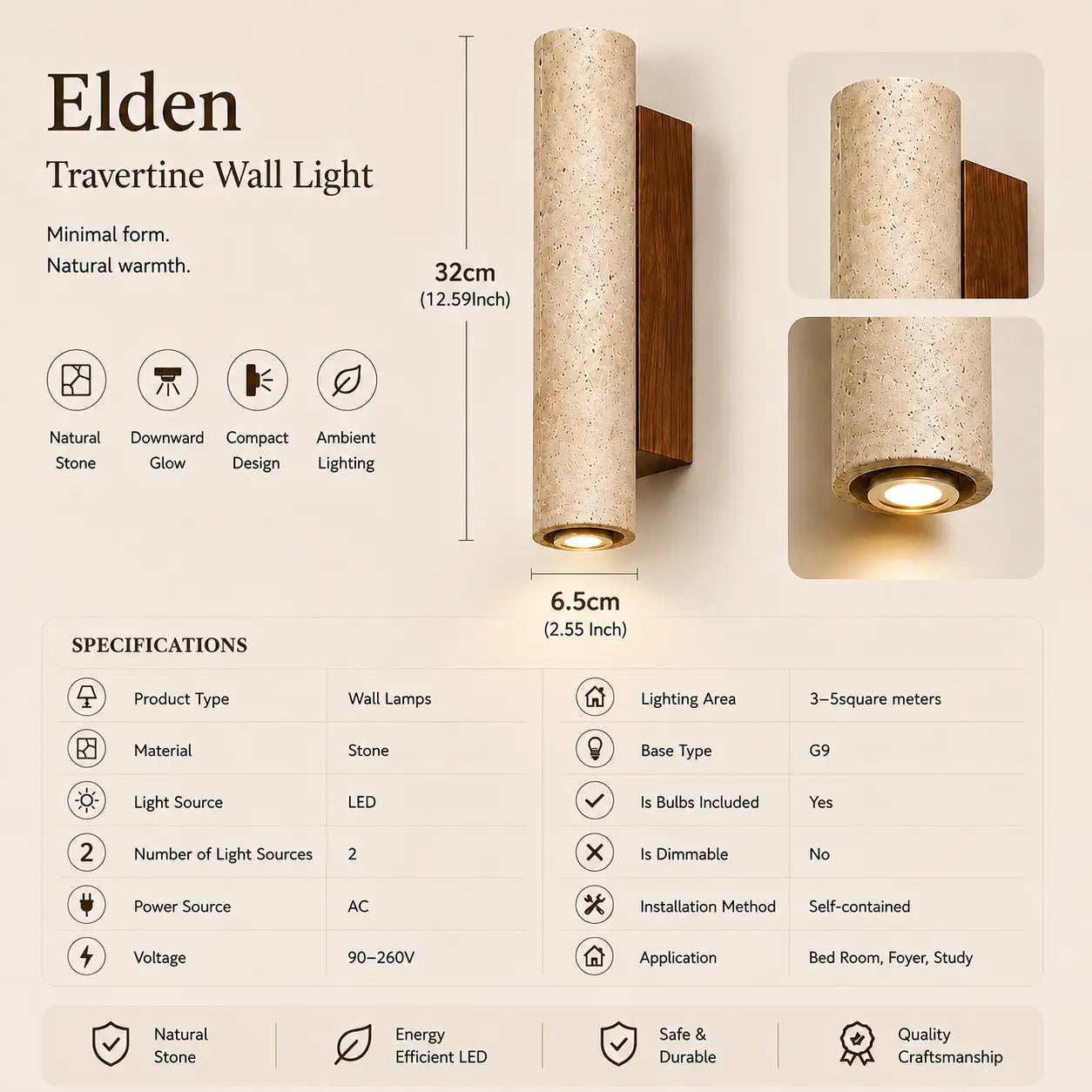 Elden travertine wall light option 4 with product dimensions and specifications