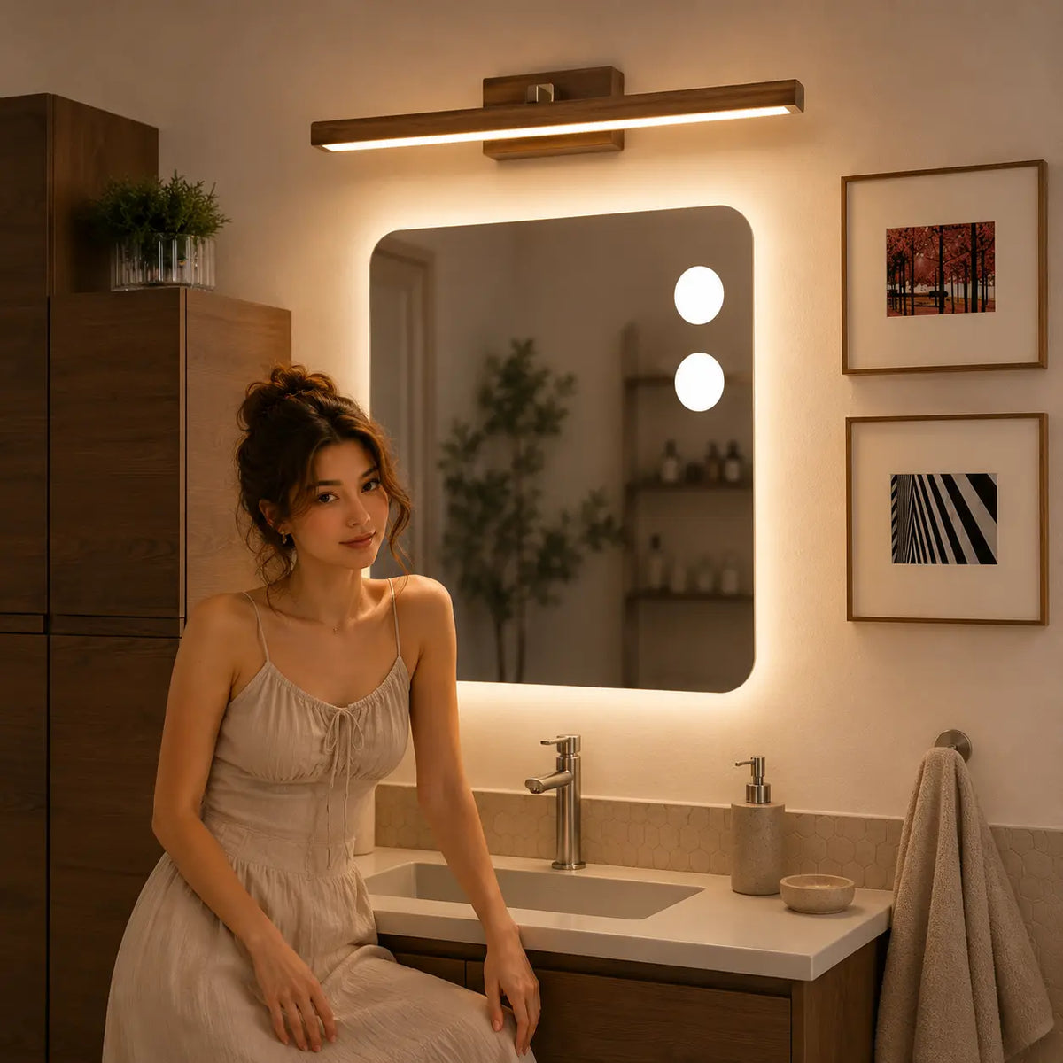 Glow magnetic wall light natural wood option with dimensions, controls, and installation details