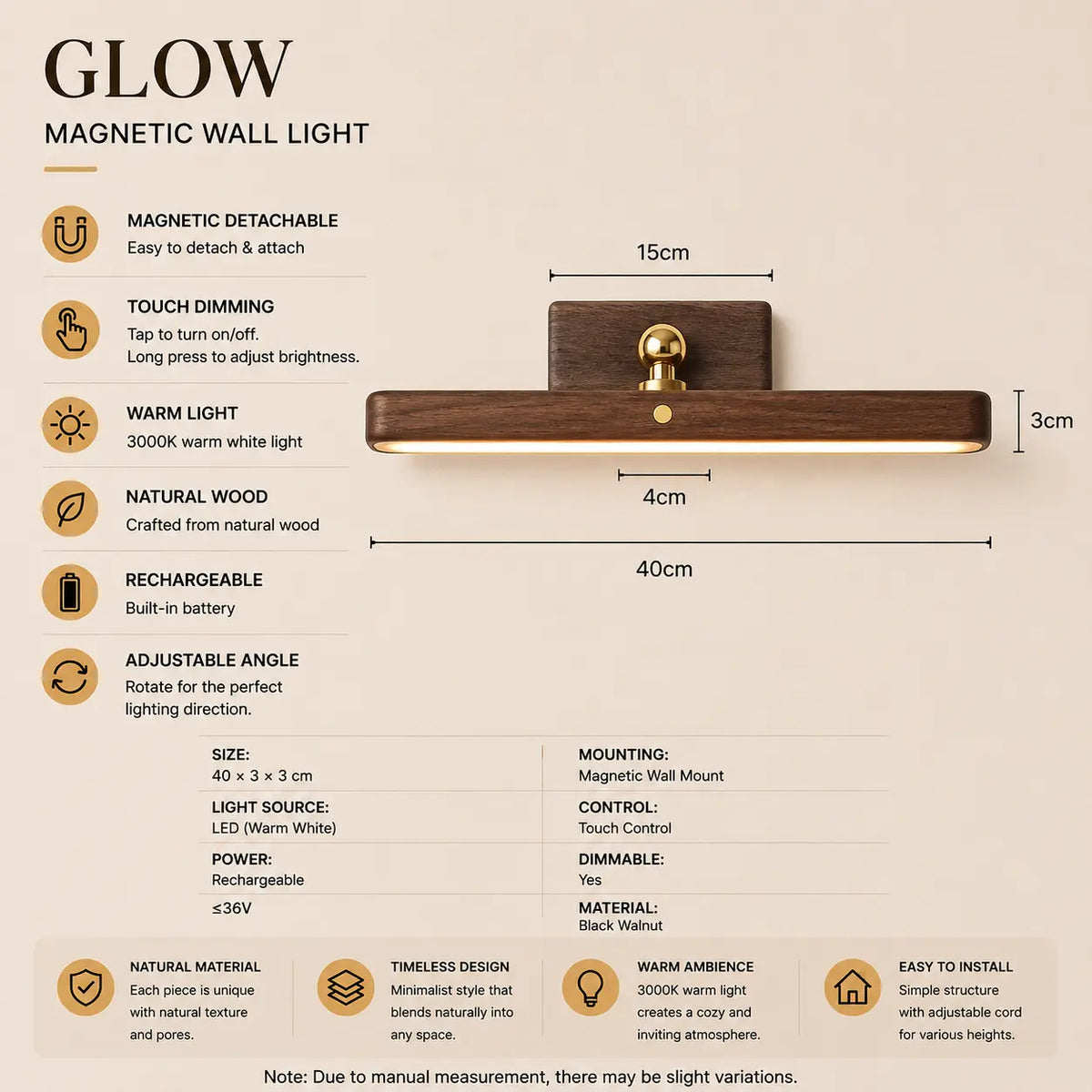 Glow magnetic wall light with natural wood finish, product dimensions, and rechargeable lighting specifications