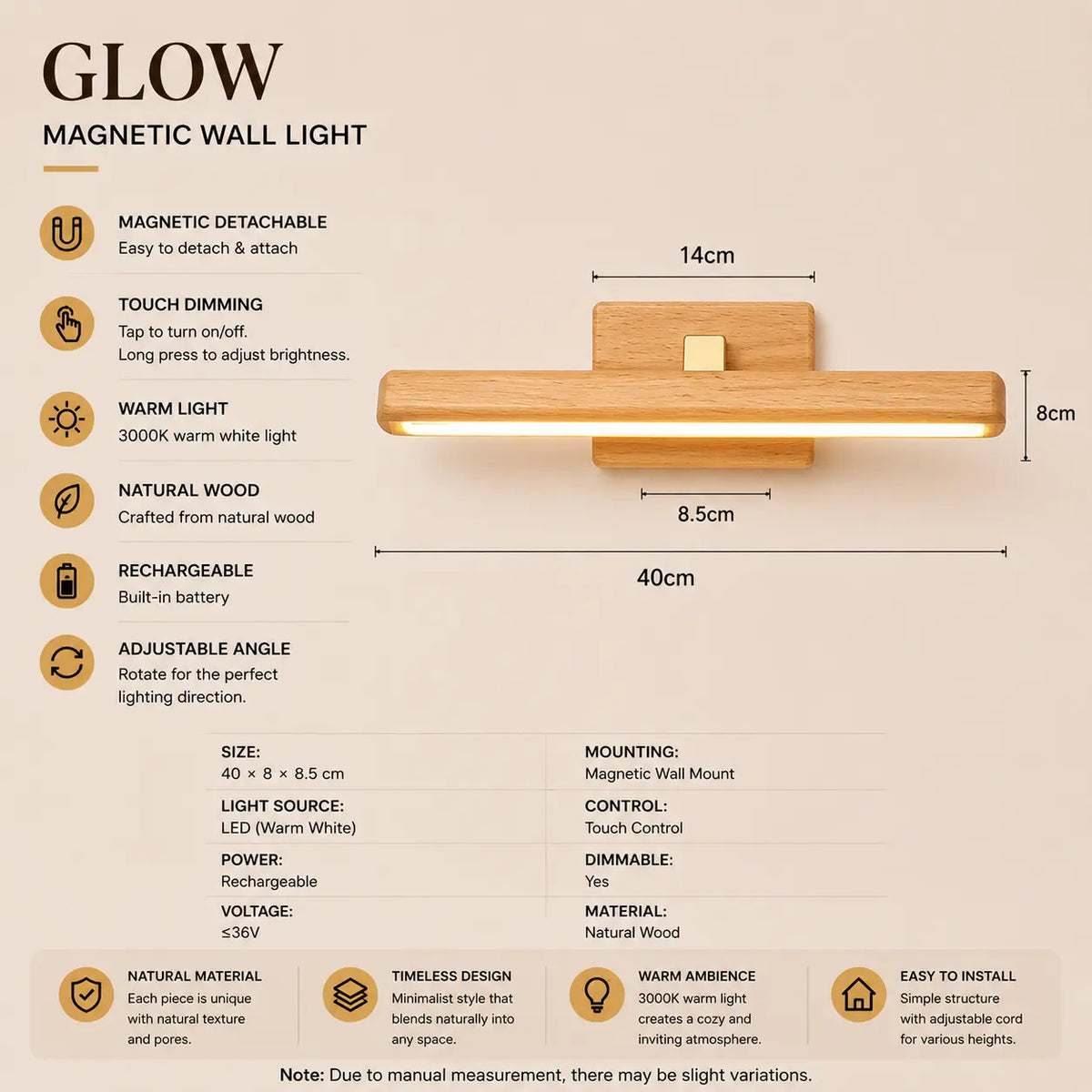 Glow magnetic wall light walnut wood option with dimensions, controls, and installation details