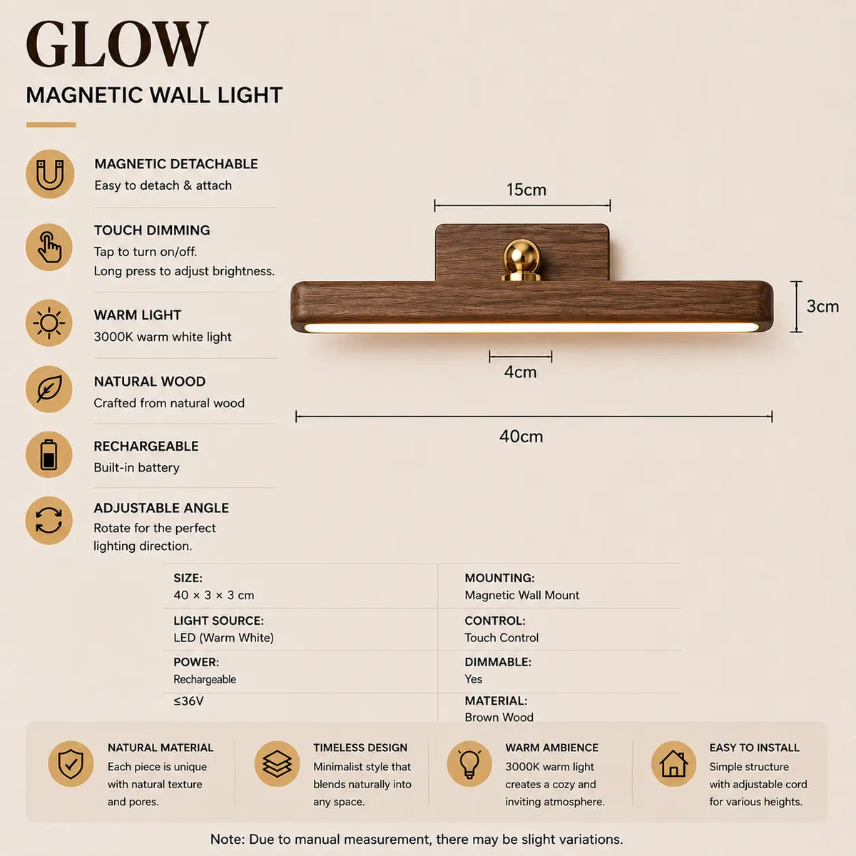 Glow magnetic wall light with walnut wood finish, product dimensions, and rechargeable lighting specifications