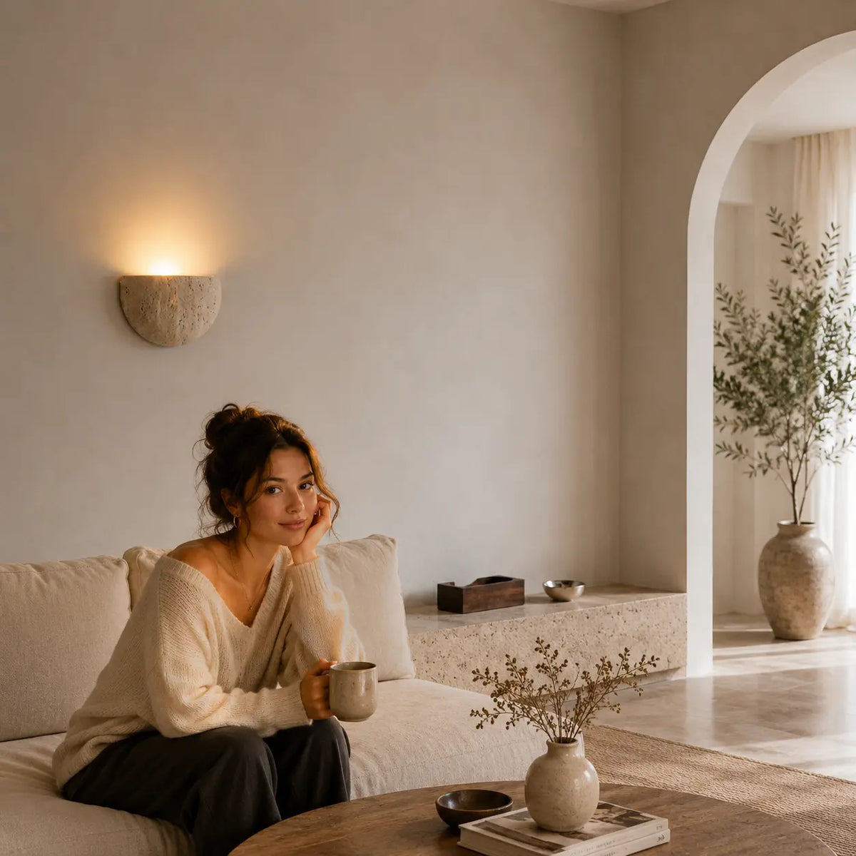 Liora stone wall light creating soft warm light for a calm bedroom reading moment