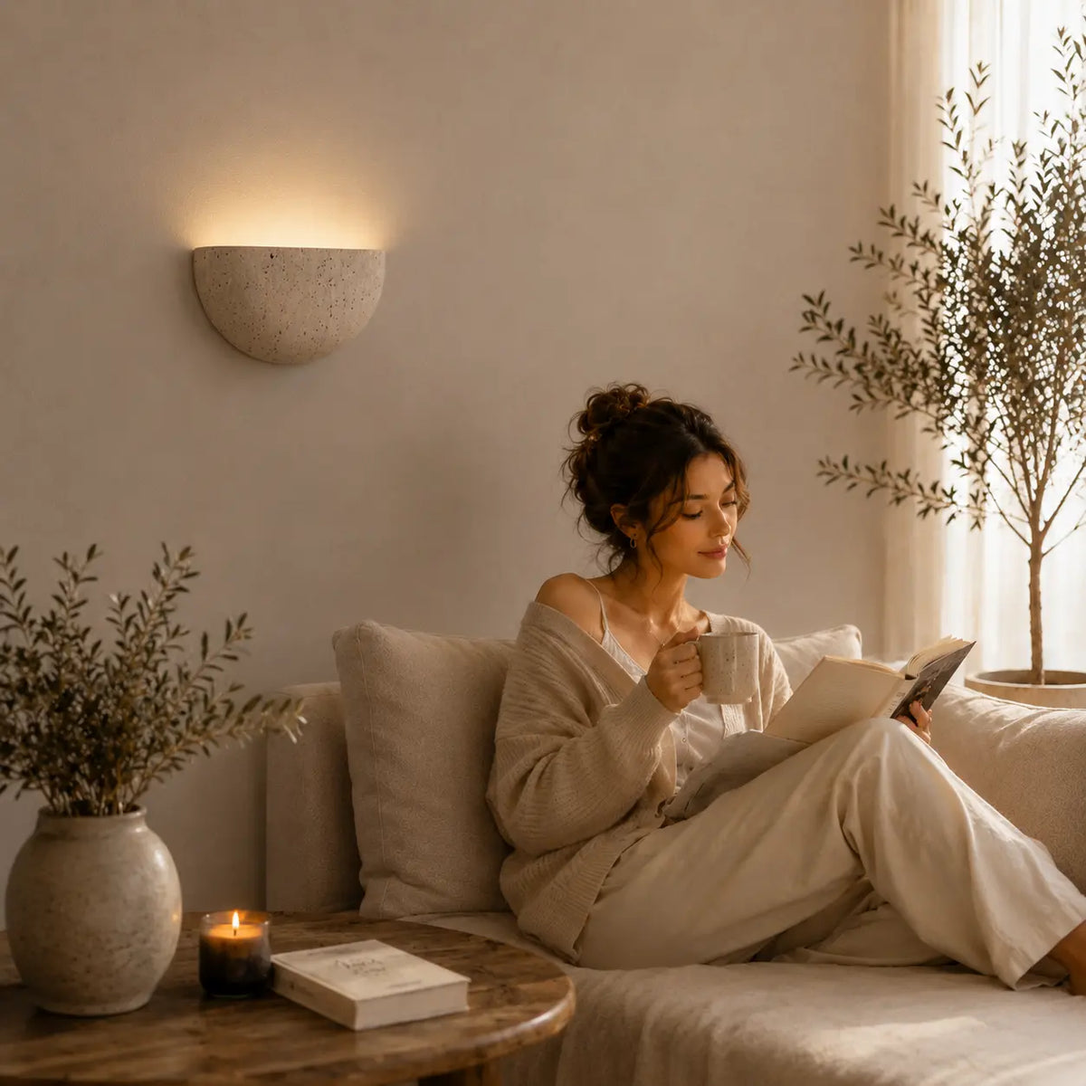 Liora stone wall light creating a soft warm atmosphere beside a living room sofa