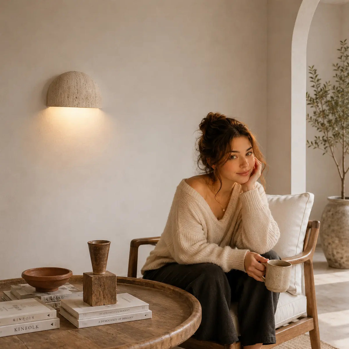 Liora stone wall light bringing warm ambient light to a relaxed lounge table setting