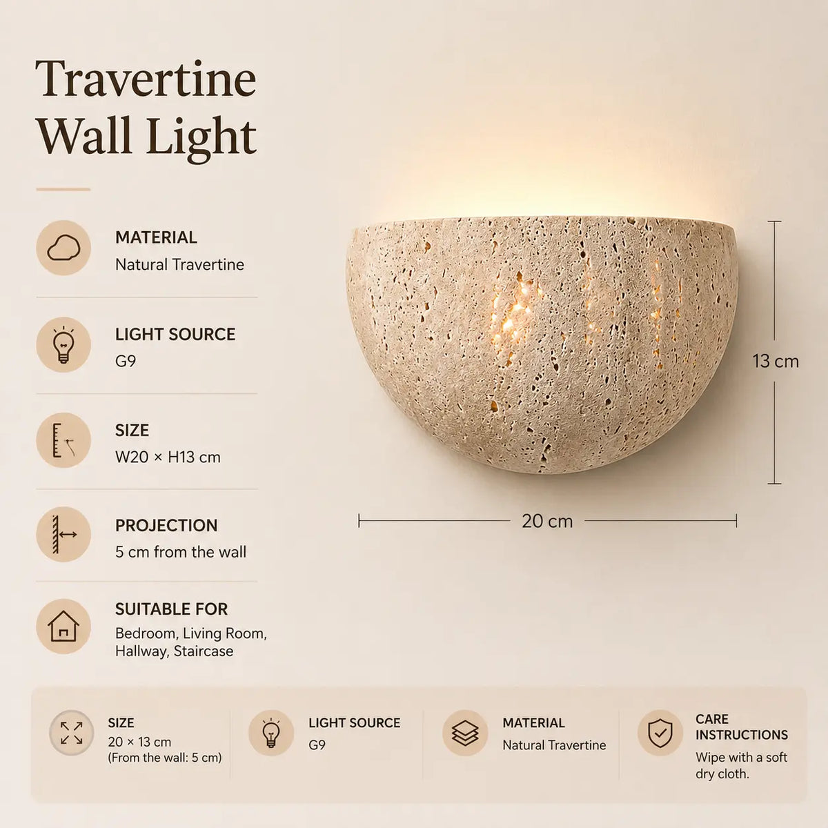 Liora stone wall light product specifications with dimensions, material details, and lighting features