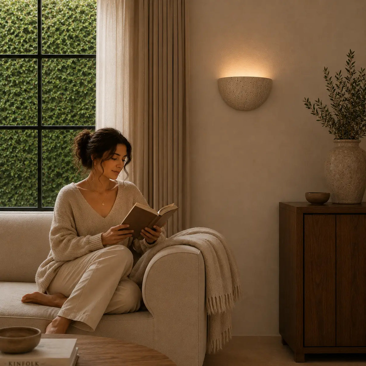Liora stone wall light adding warm ambient light beside a quiet reading chair