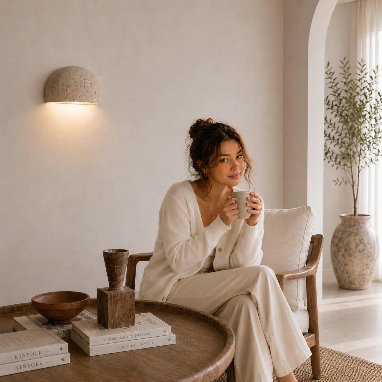 Liora stone wall light creating a soft warm glow above a side table in a calm interior