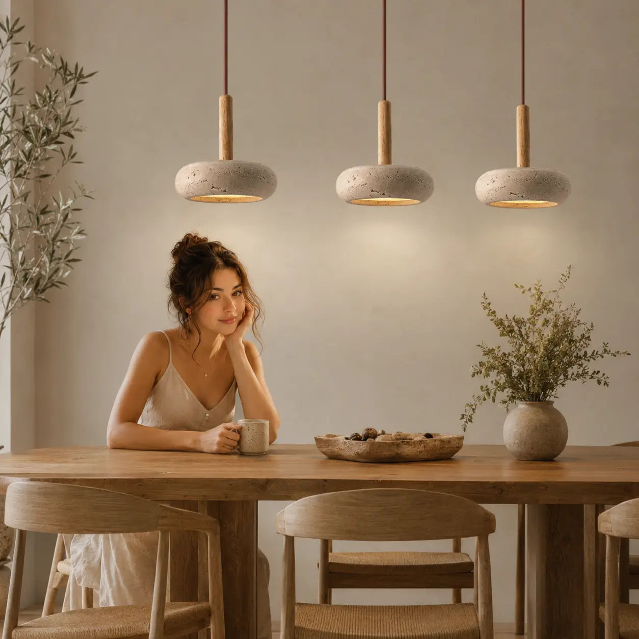 Lume stone pendant lights adding soft focused lighting above a quiet dining table