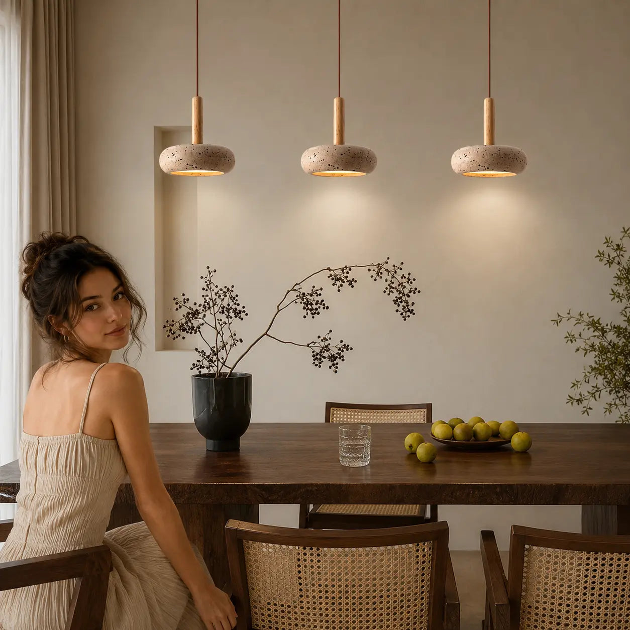 Lume stone pendant lights adding warm focused light to a kitchen and dining space