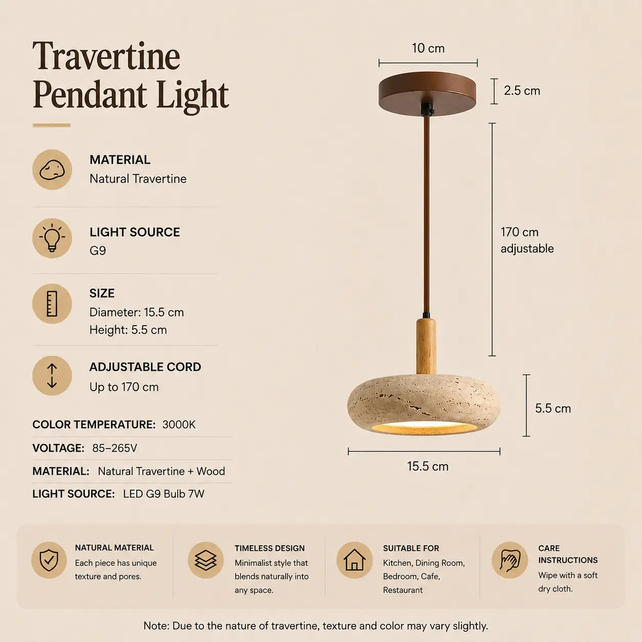 Lume stone pendant light product specifications with dimensions, material details, and lighting features