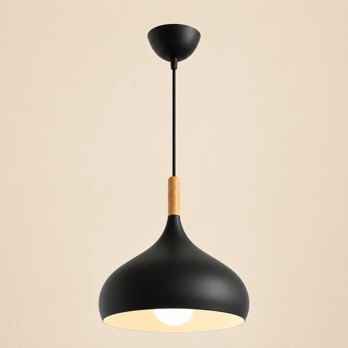 Lunara Nordic pendant light in black with a rounded shade and warm downward illumination