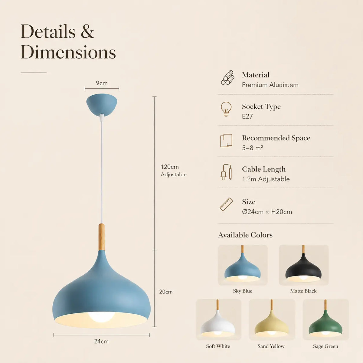Lunara Nordic pendant light color options and specifications with dimensions and installation details