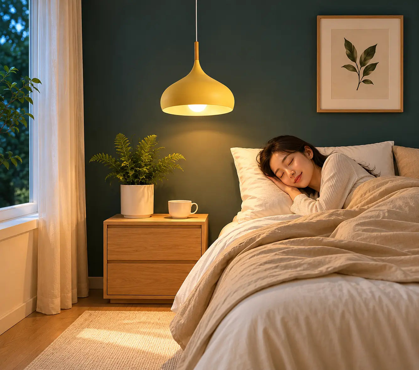 Lunara Nordic pendant light in yellow creating soft warm light beside a calm bedroom bed