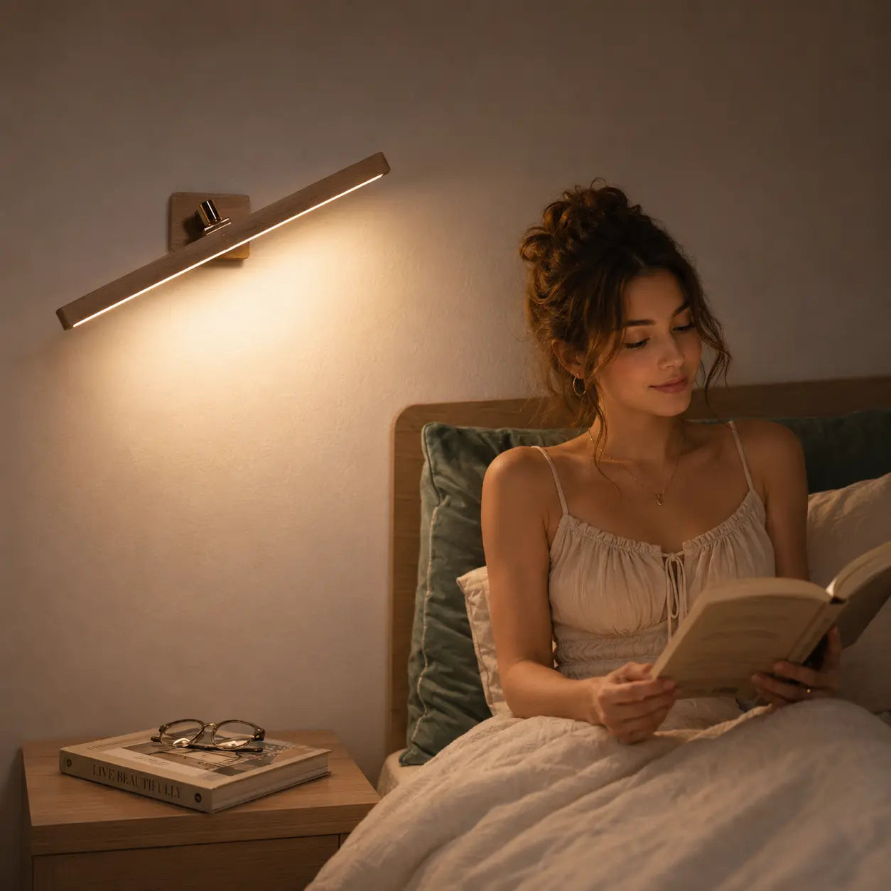 Lunor magnetic wall light adding warm adjustable light beside a bed for quiet reading