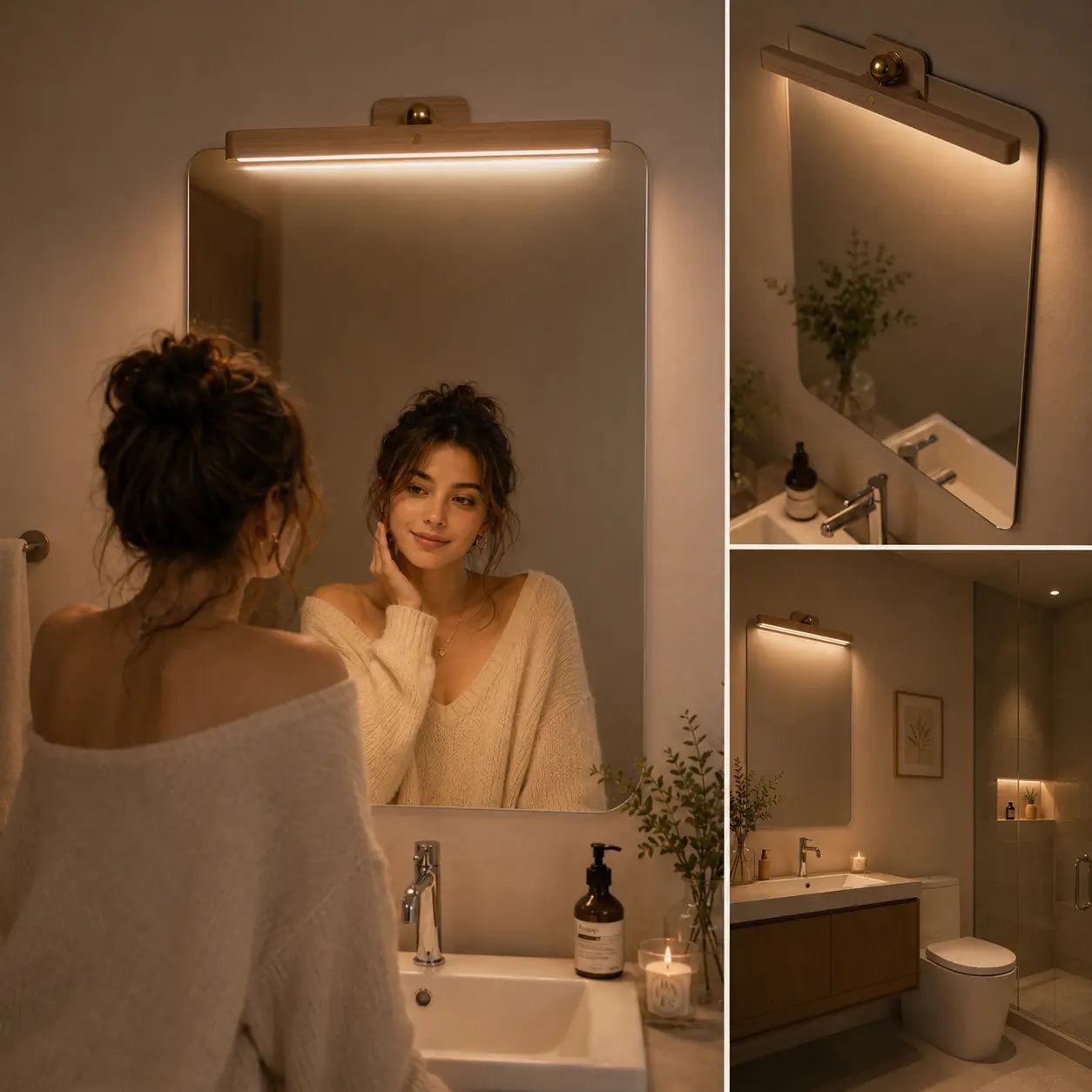 Lunor magnetic wall light installed above a mirror with soft warm illumination