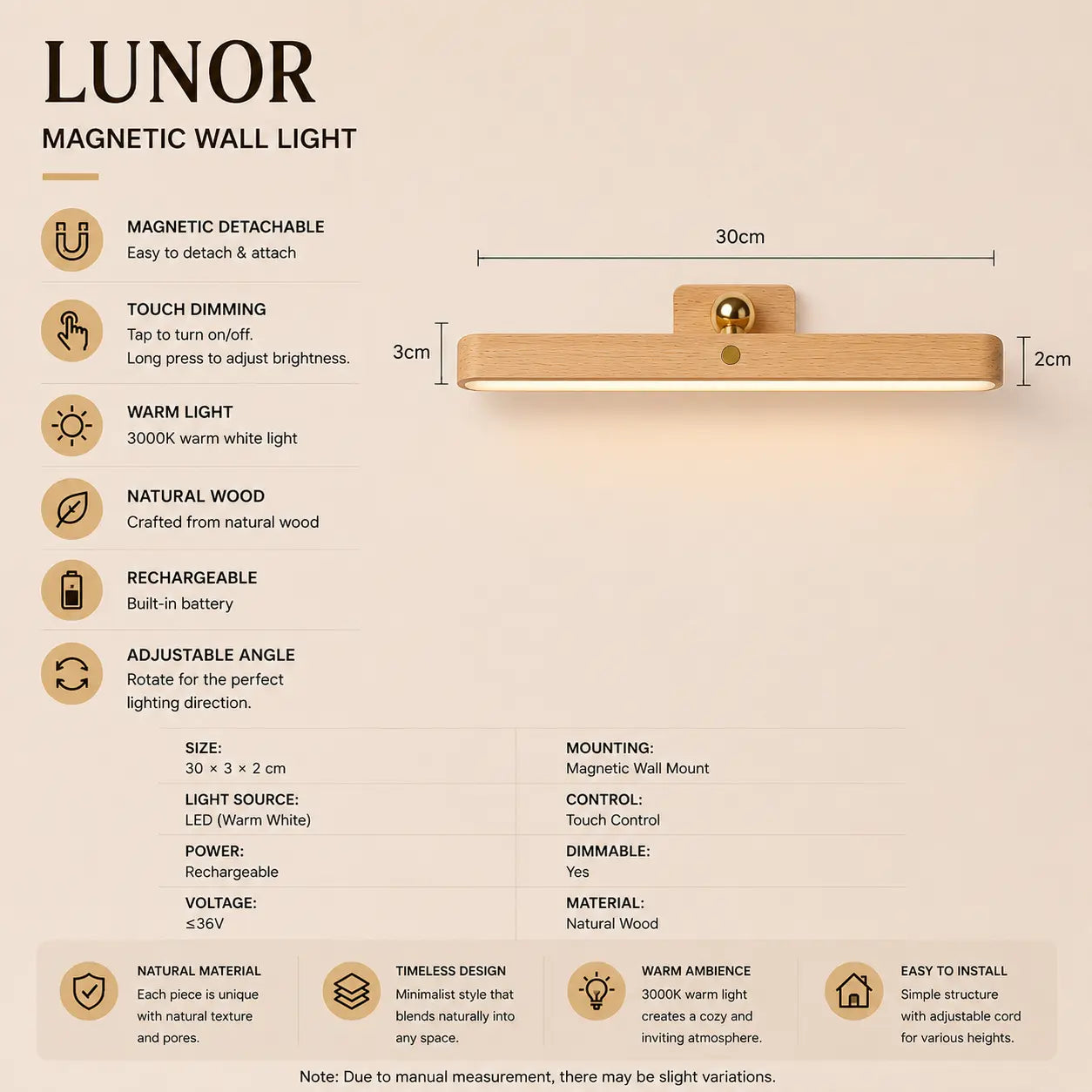 Lunor magnetic wall light product specifications with dimensions, materials, and rechargeable lighting details