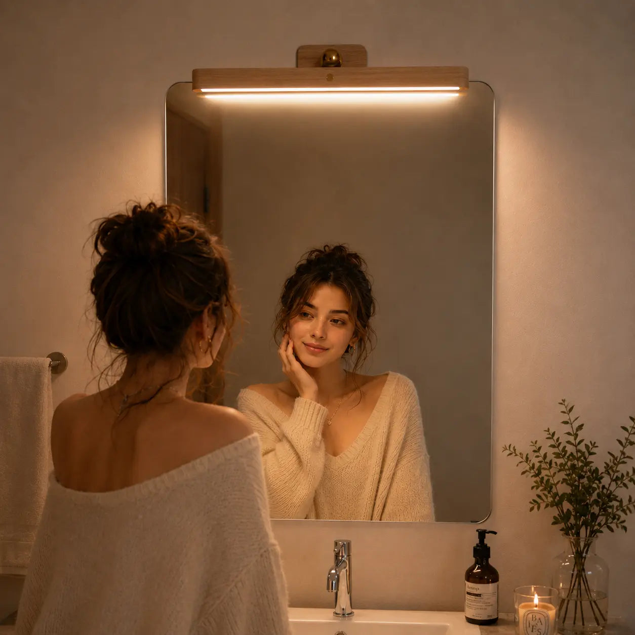 Lunor magnetic wall light creating a soft warm glow around a vanity mirror