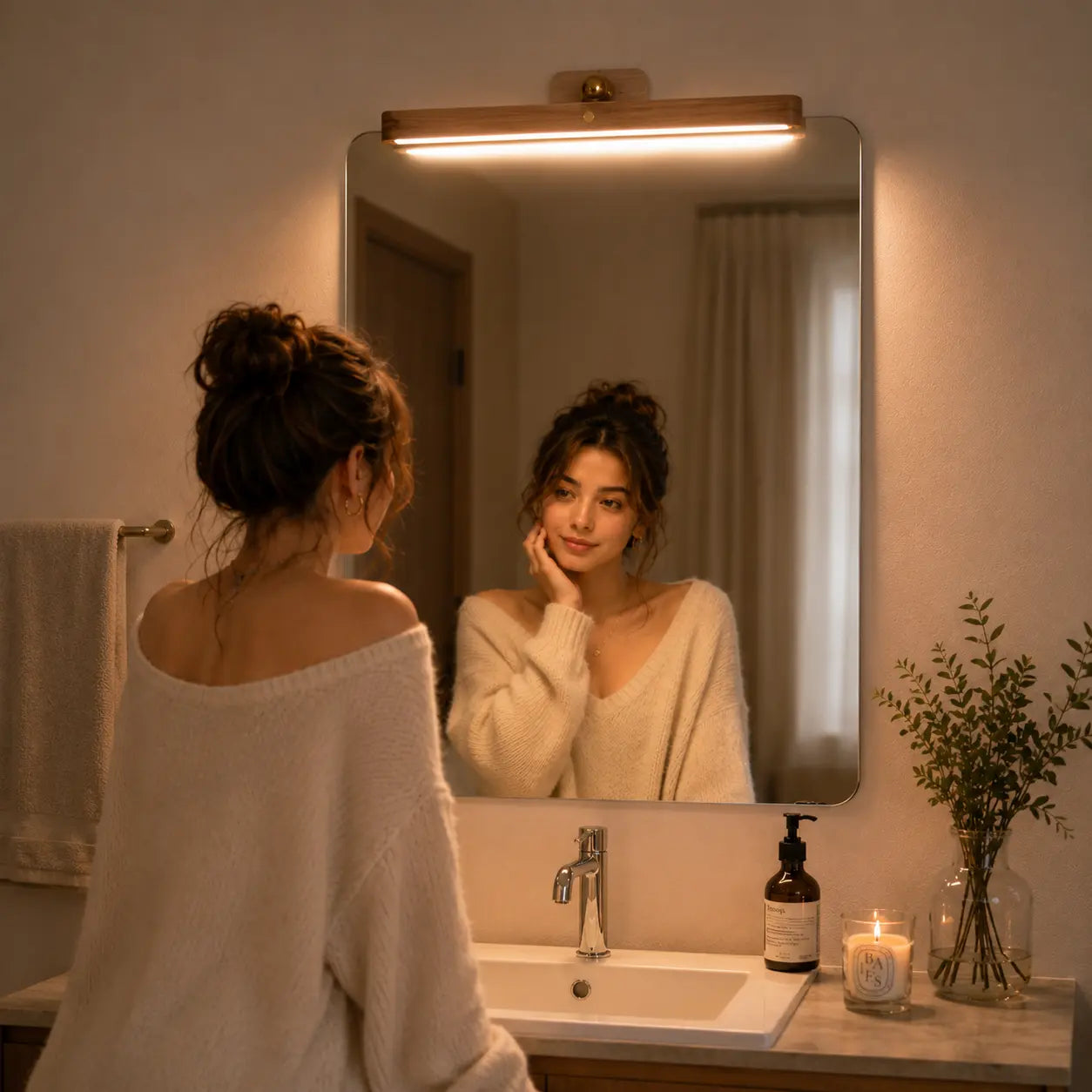Lunor magnetic wall light creating a calm warm glow for an evening vanity routine