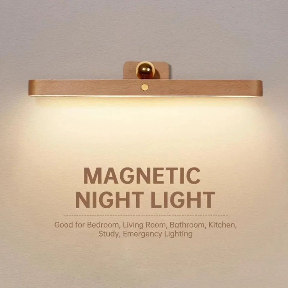 Lunor magnetic night light showing a soft warm glow from its slim wood bar design