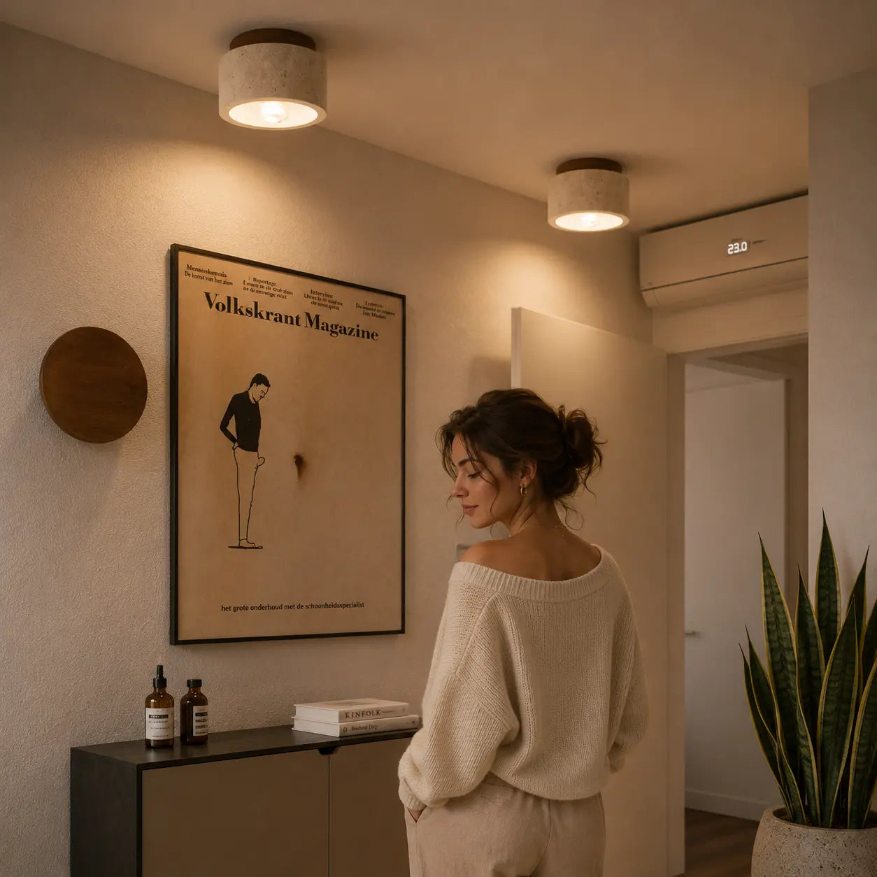 Mira stone ceiling light creating a soft warm glow in a quiet bedroom entryway
