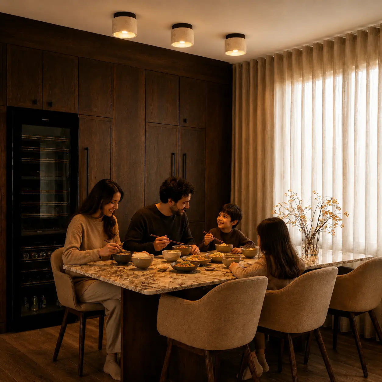 Mira stone ceiling light creating warm overhead illumination in a modern dining room