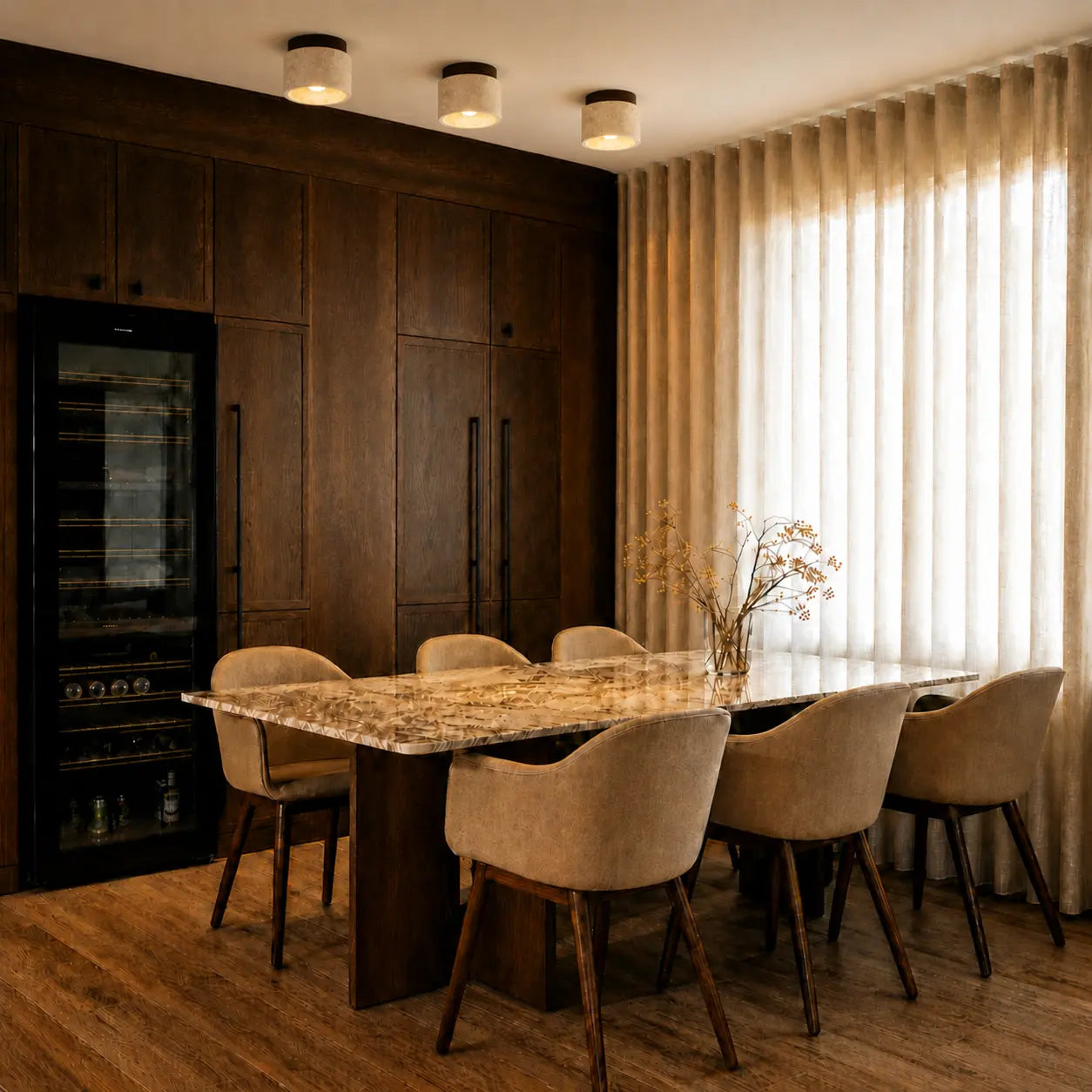 Mira stone ceiling light providing soft focused light in an evening dining room