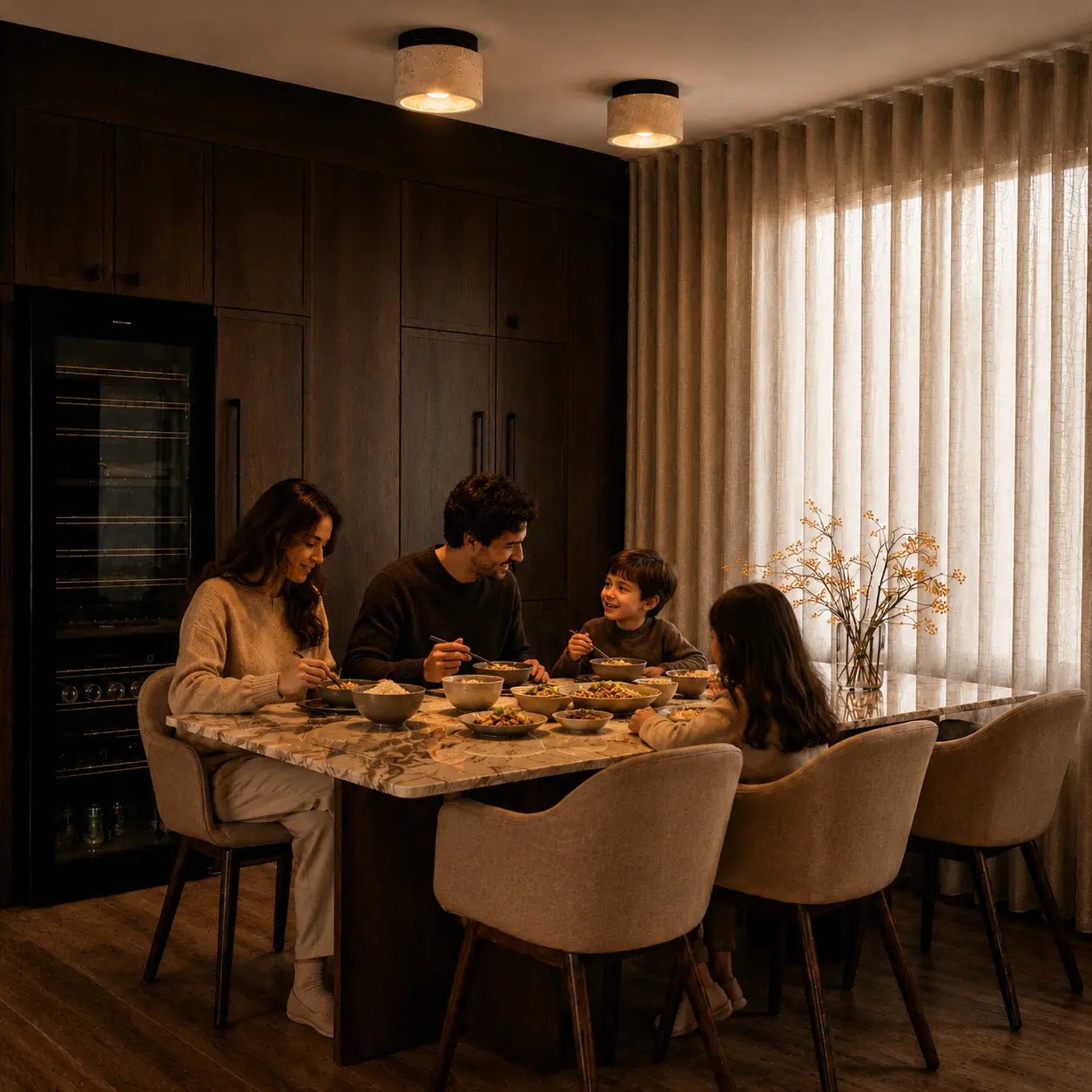 Mira stone ceiling light creating calm warm lighting in a neutral dining room