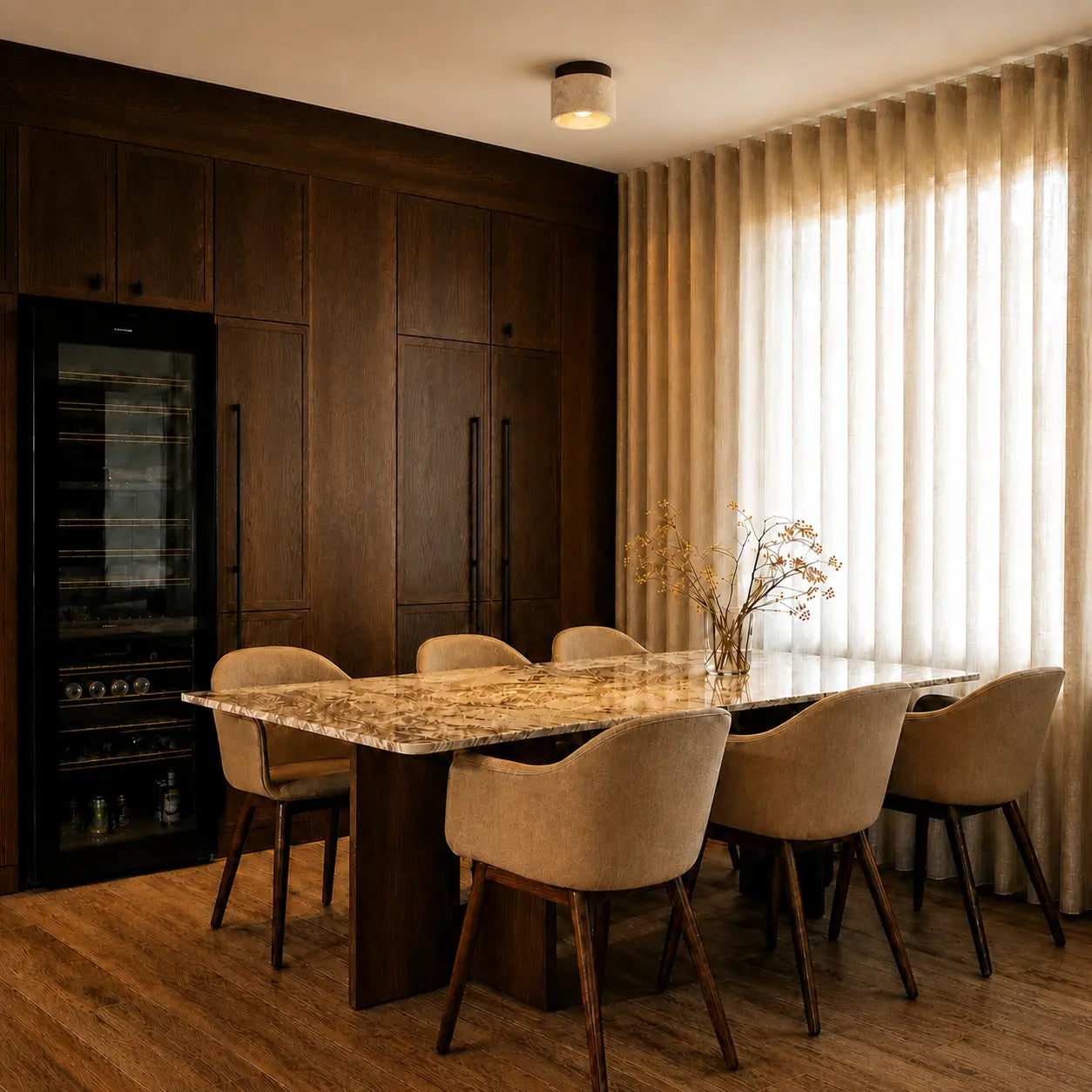 Mira stone ceiling light adding low-profile overhead lighting to a modern dining space