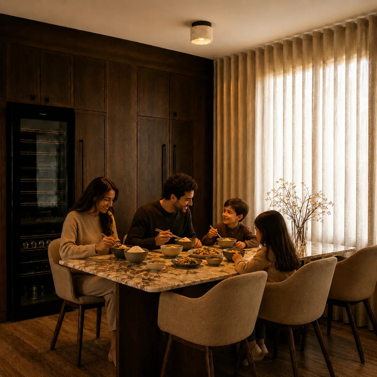 Mira stone ceiling light adding a soft warm glow above a dining table
