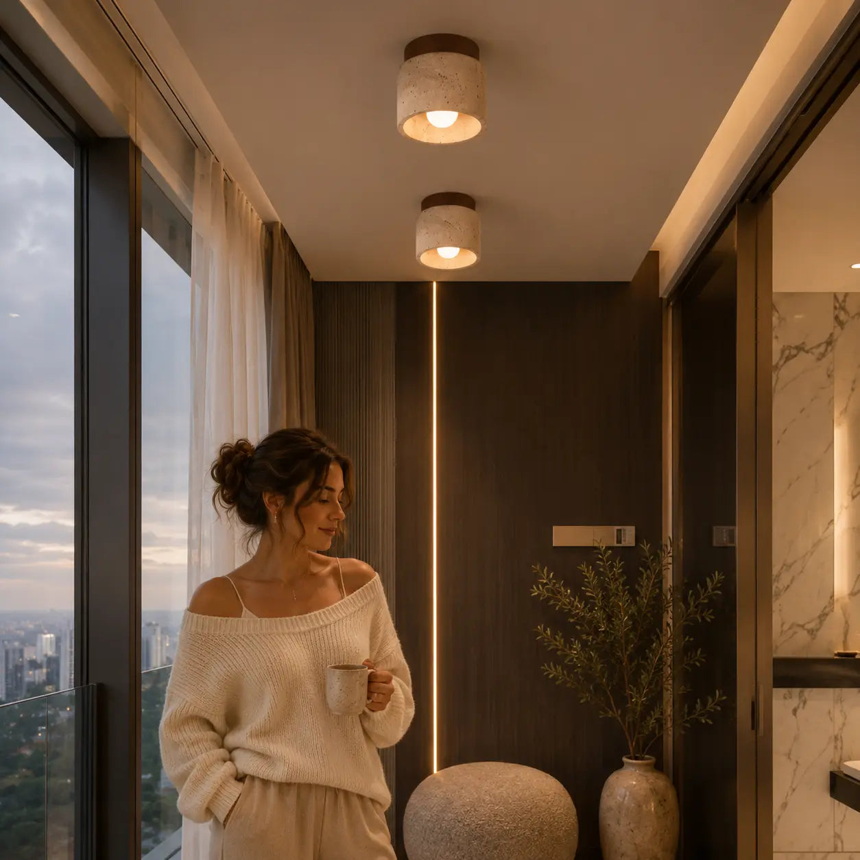 Mira stone ceiling light adding warm overhead light to a calm home entryway