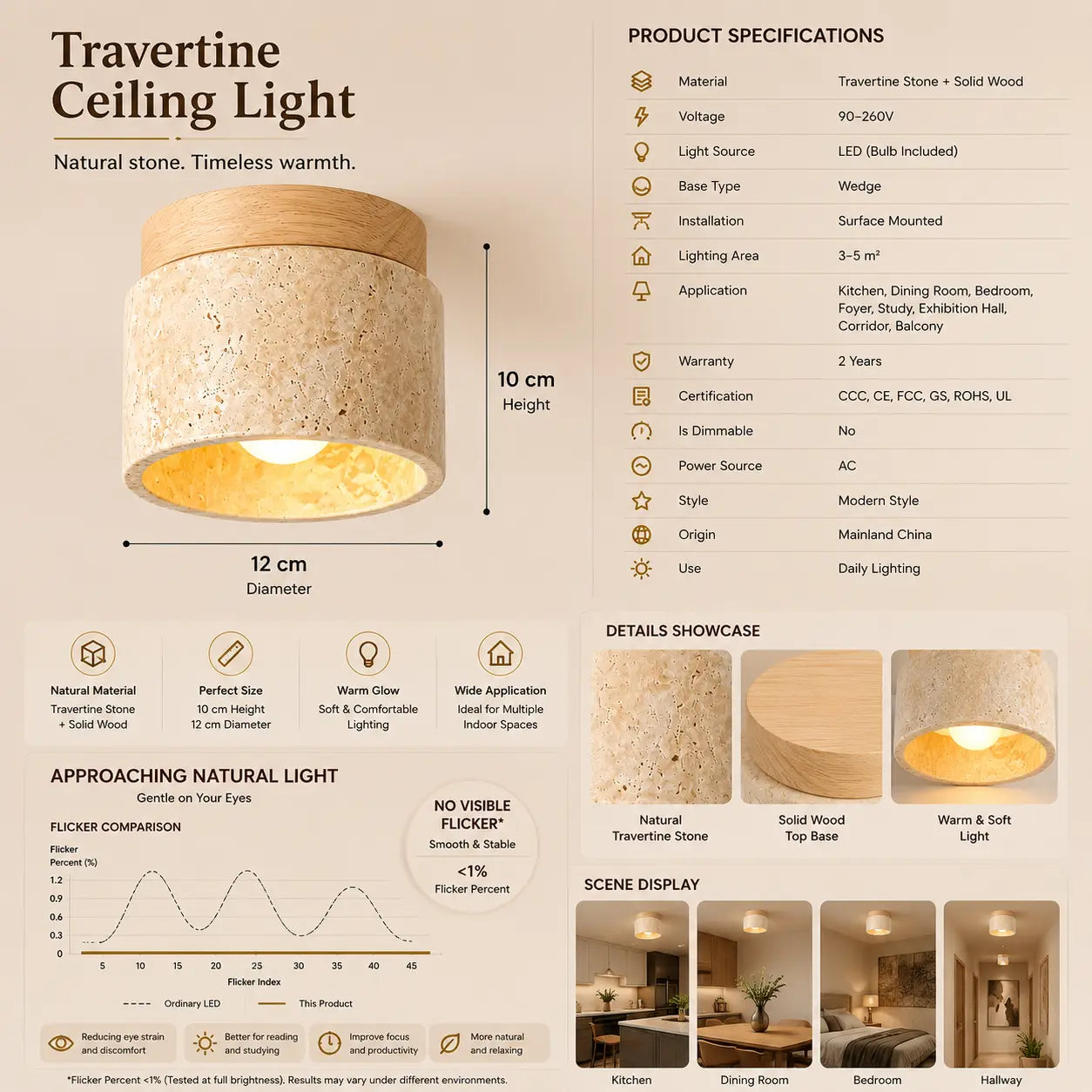 Mira stone ceiling light product features with lighting and material details