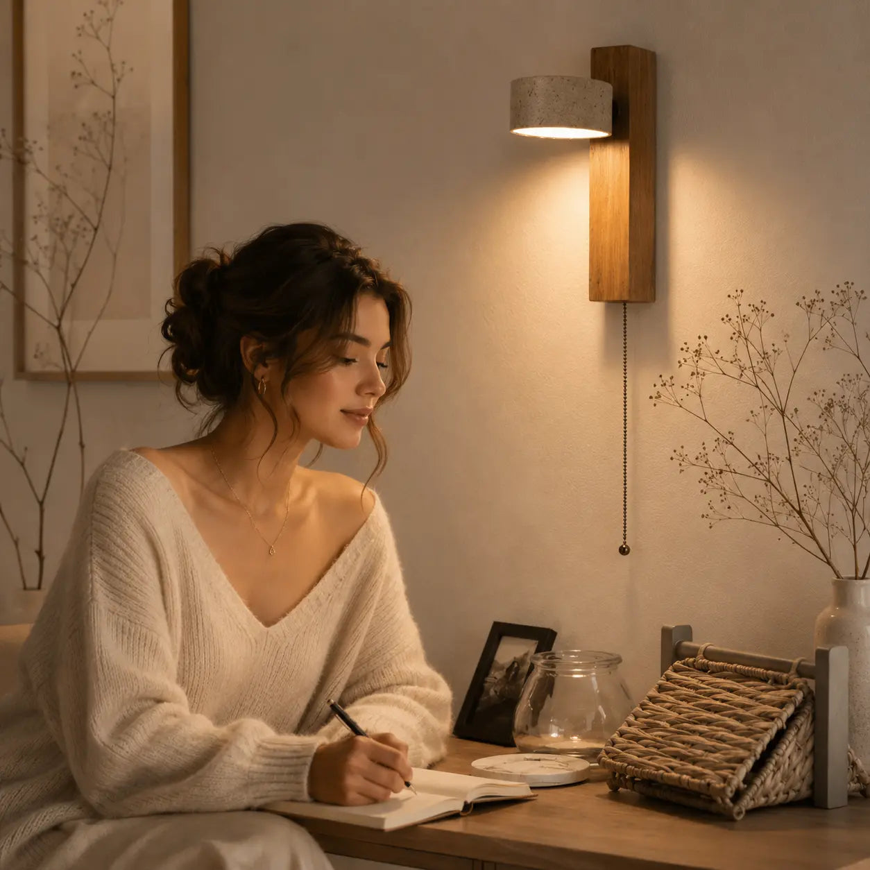 Miro travertine wall light creating a soft warm glow beside a bed in a calm bedroom