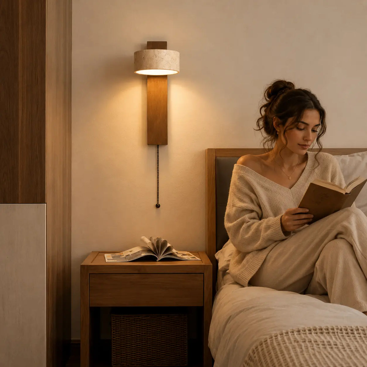 Miro travertine wall light adding a quiet warm atmosphere beside a bed during the evening