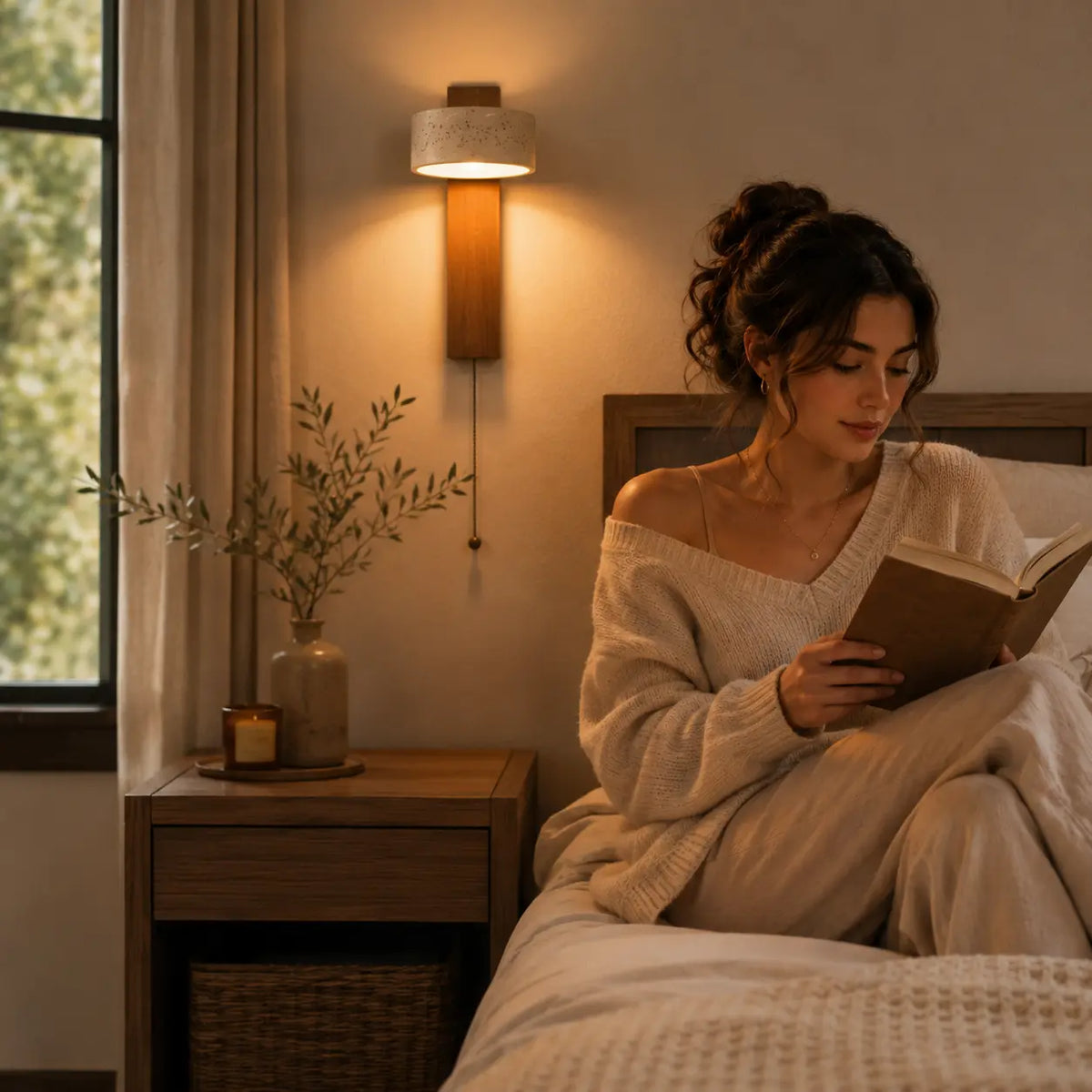 Miro travertine wall light styled beside a bed with soft warm lighting and a calm interior mood