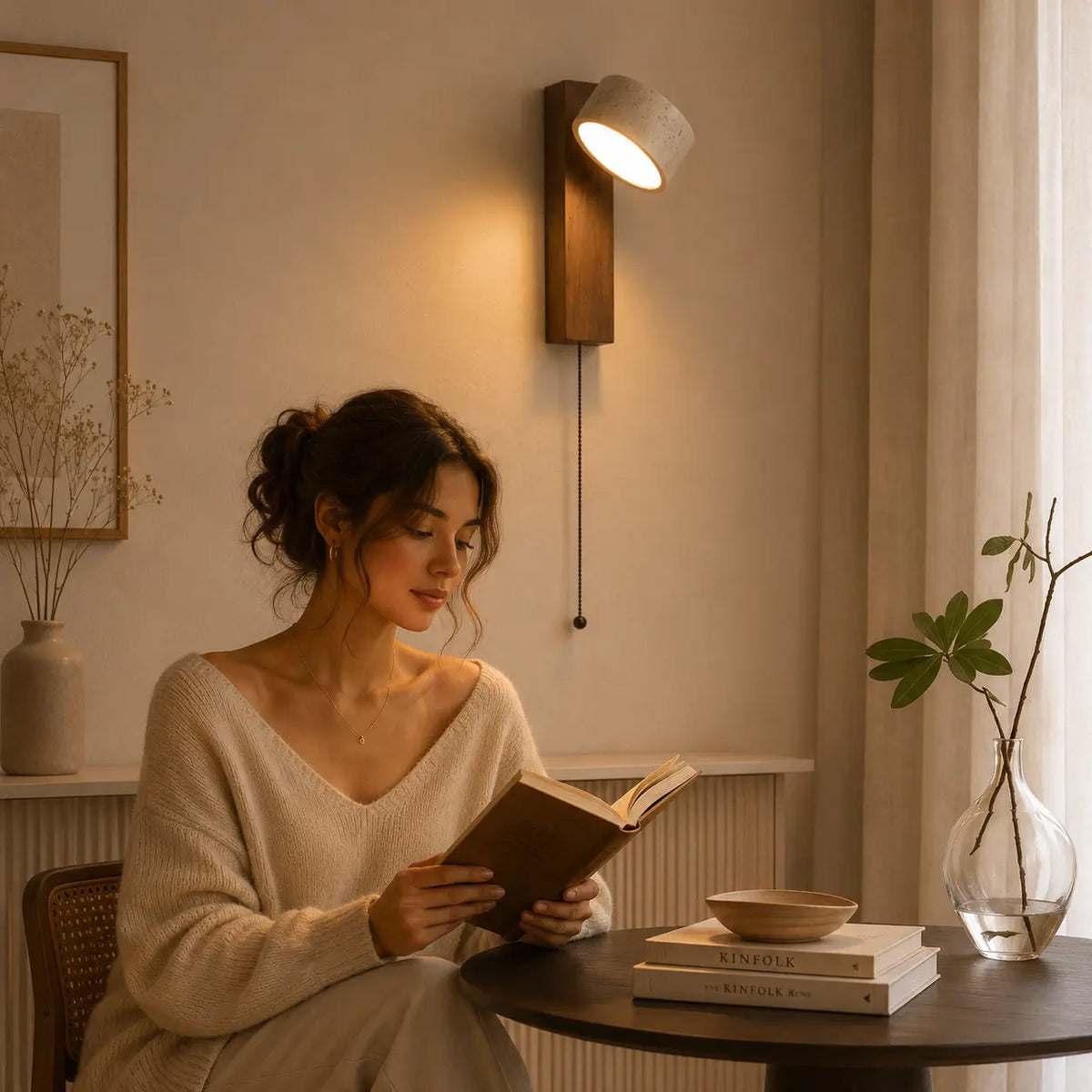 Miro travertine wall light adding soft warm illumination beside a desk in a quiet interior