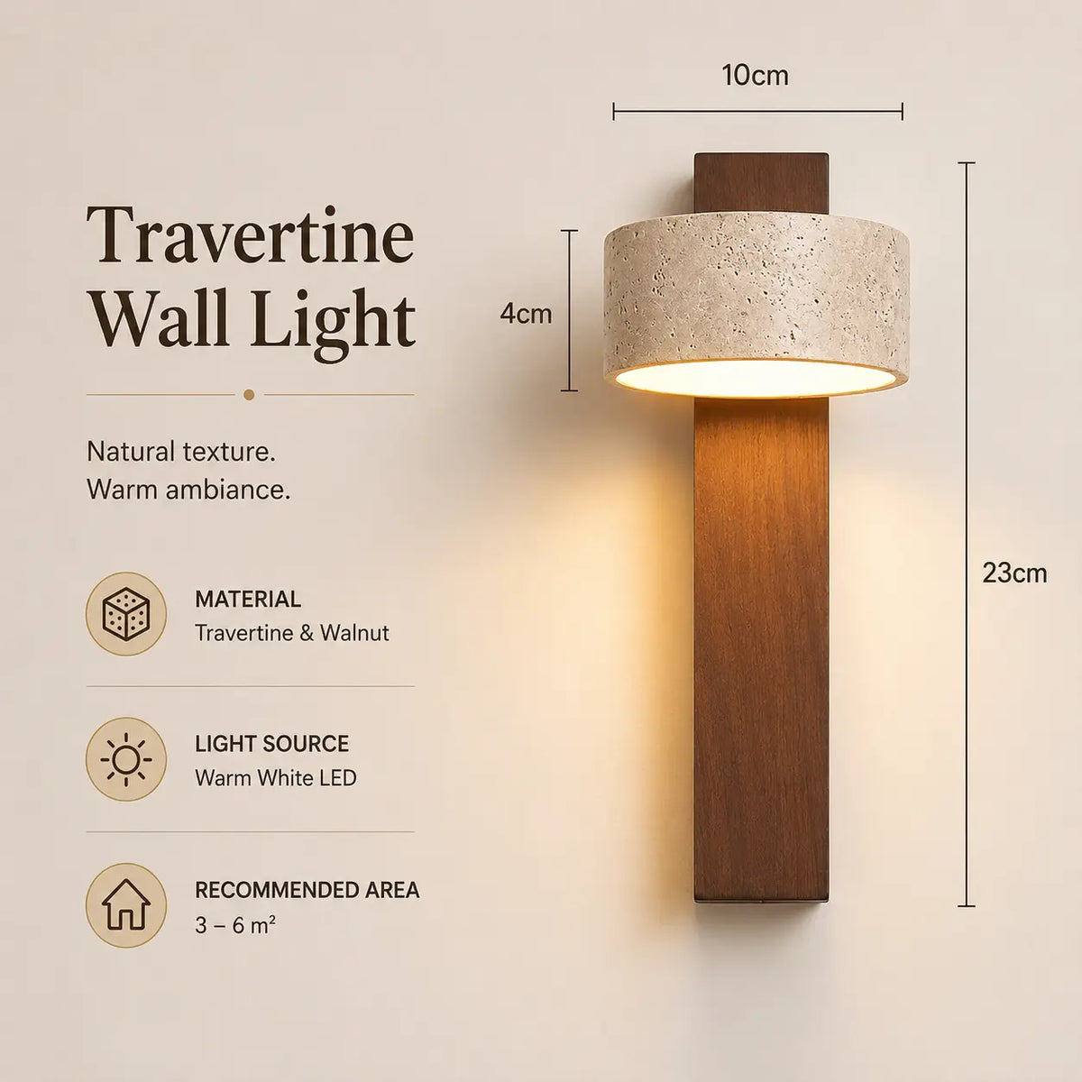 Miro travertine wall light option 1 with product dimensions, finish details, and lighting specifications