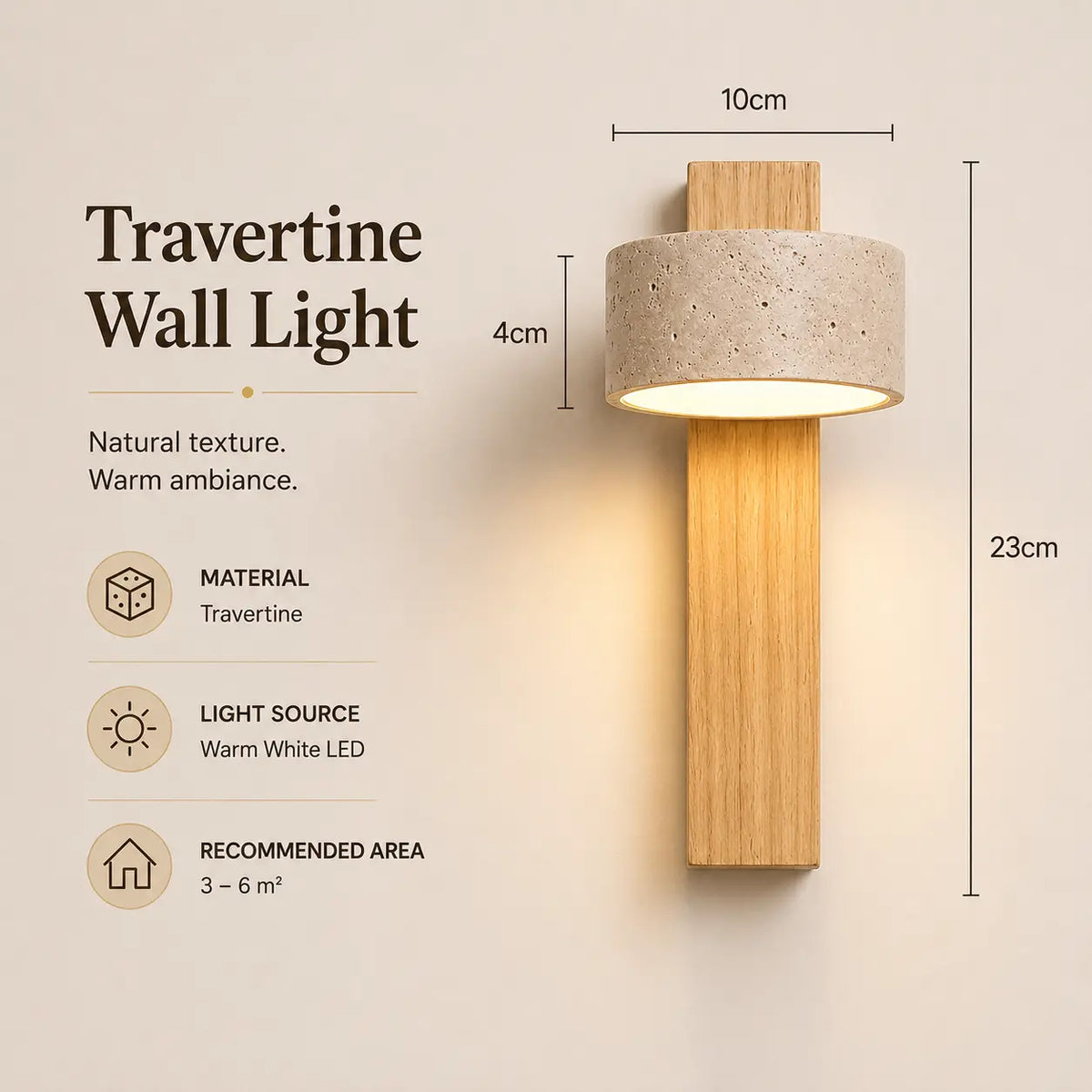 Miro travertine wall light option 2 with product dimensions, finish details, and lighting specifications
