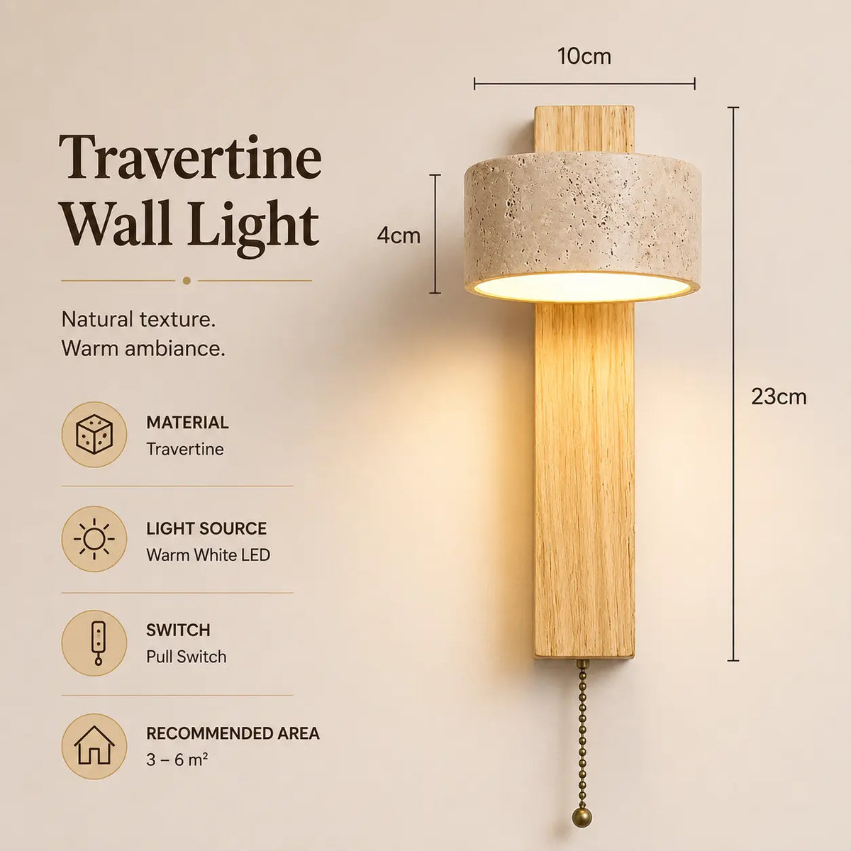 Miro travertine wall light option 3 with product dimensions, finish details, and lighting specifications