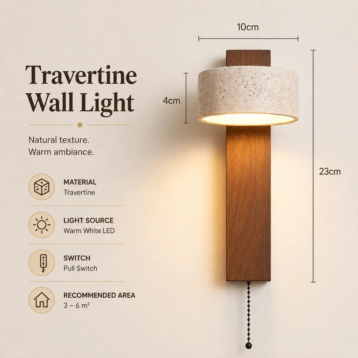 Miro travertine wall light option 4 with product dimensions, finish details, and lighting specifications