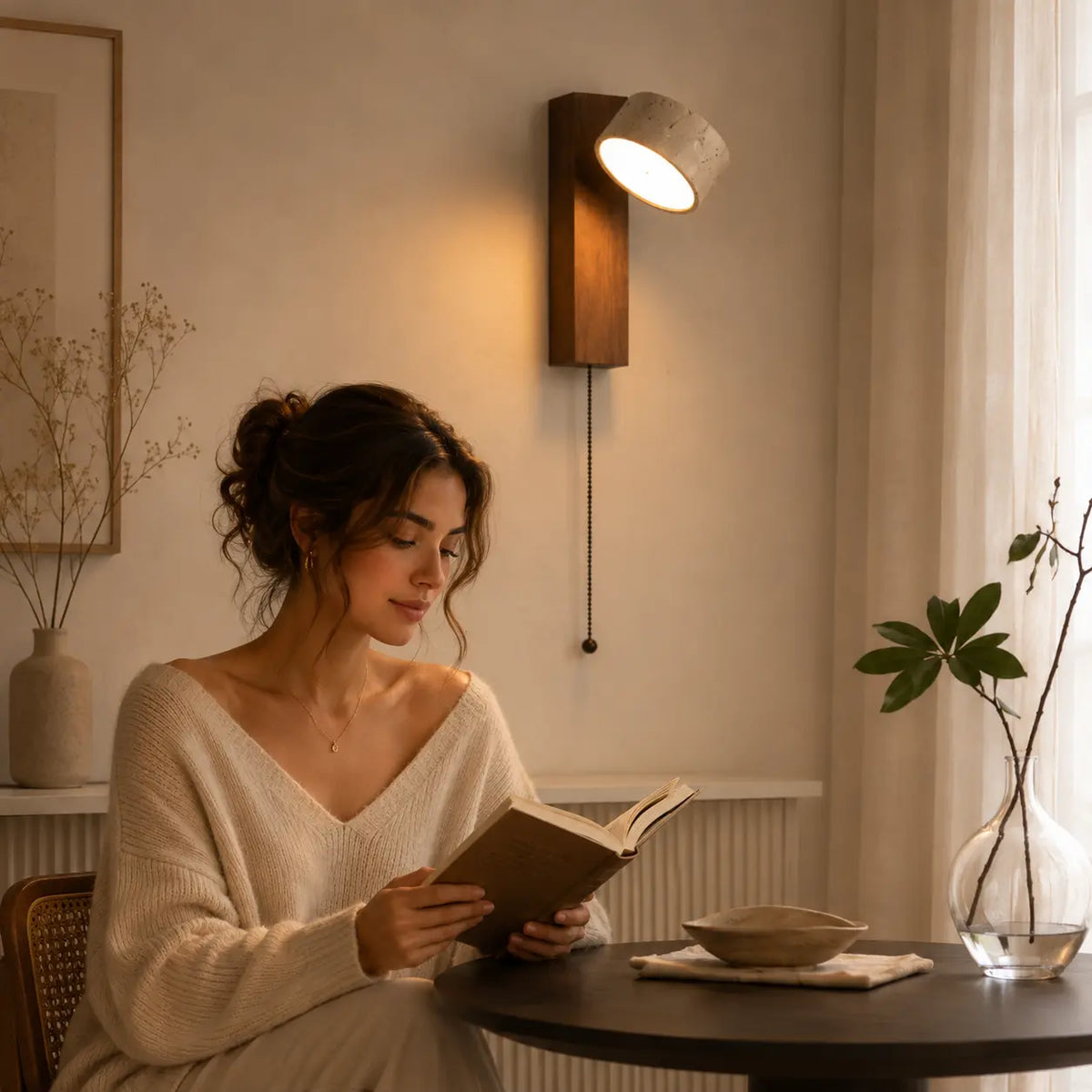 Miro travertine wall light creating a warm focused glow for a calm reading corner