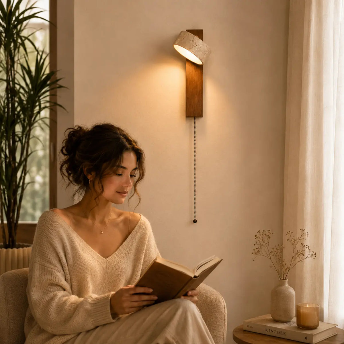 Miro travertine wall light creating a relaxed warm glow for a quiet bedroom reading moment