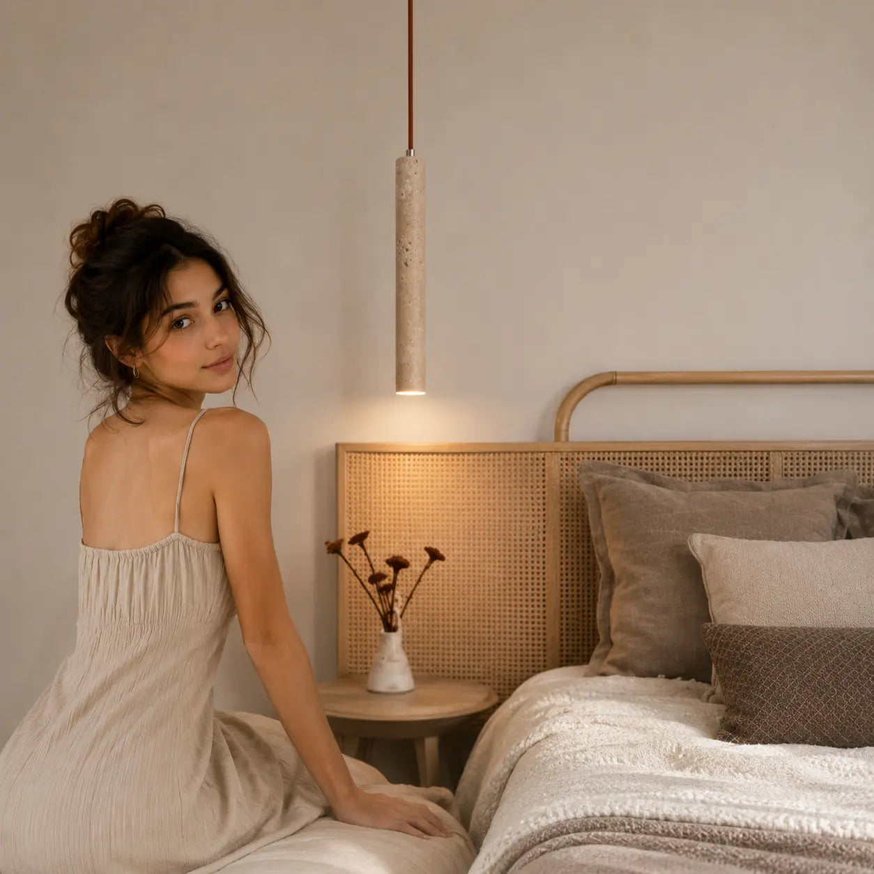 Neri travertine pendant light creating soft warm bedside lighting in a calm bedroom