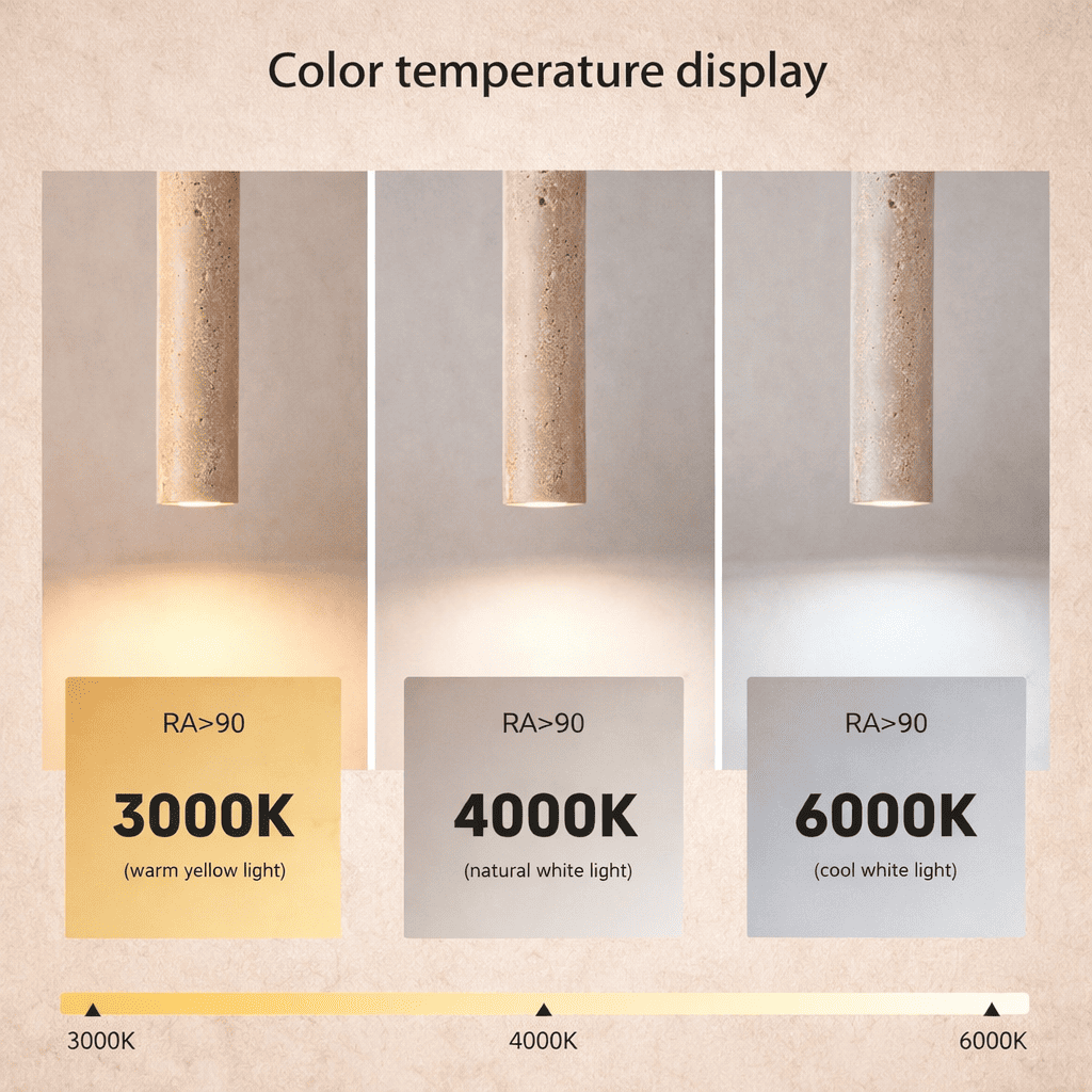 Neri travertine pendant light color temperature options for warm, neutral, and cool lighting